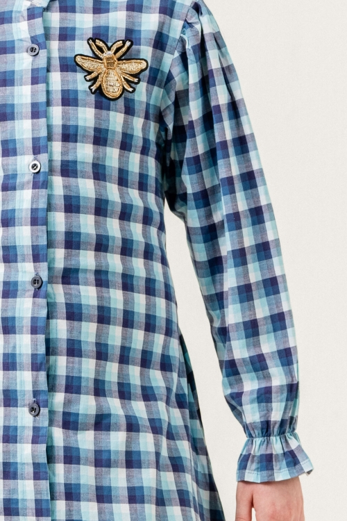 Kız Çocuk Broş Nakış Detaylı Ekose Desenli Elbise P1001