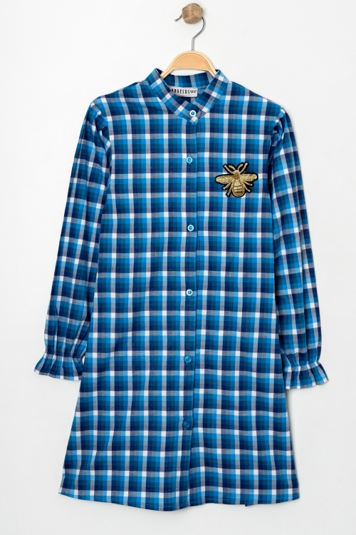 Kız Çocuk Broş Nakış Detaylı Ekose Desenli Elbise P1001