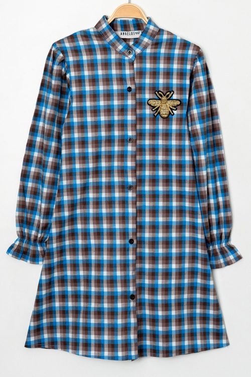 Kız Çocuk Broş Nakış Detaylı Ekose Desenli Elbise P1001