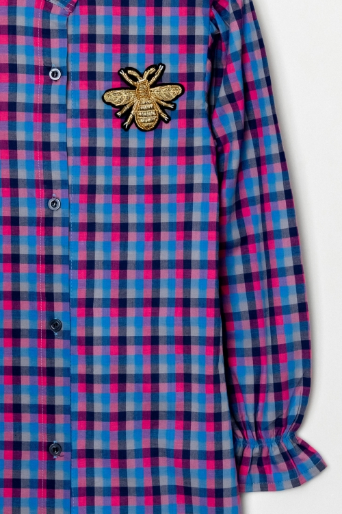 Kız Çocuk Broş Nakış Detaylı Ekose Desenli Elbise P1001