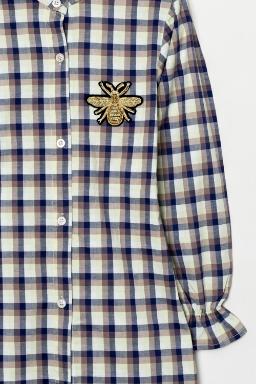 Kız Çocuk Broş Nakış Detaylı Ekose Desenli Elbise P1001