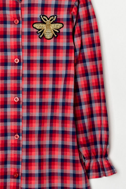 Kız Çocuk Broş Nakış Detaylı Ekose Desenli Elbise P1001