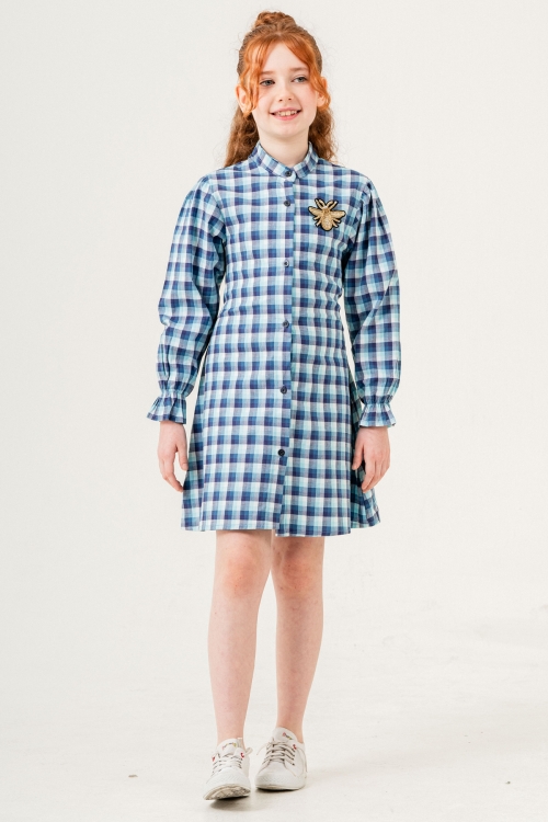Kız Çocuk Broş Nakış Detaylı Ekose Desenli Elbise P1001