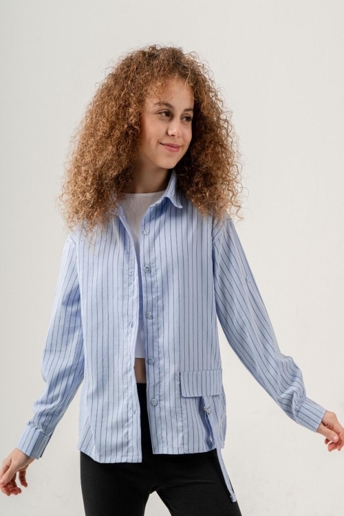 Kız Çocuk Çizgi Desenli Cep Kemerli Gömlek P1037