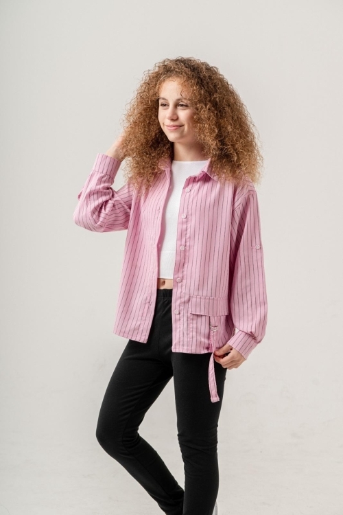 Kız Çocuk Çizgi Desenli Cep Kemerli Gömlek P1037