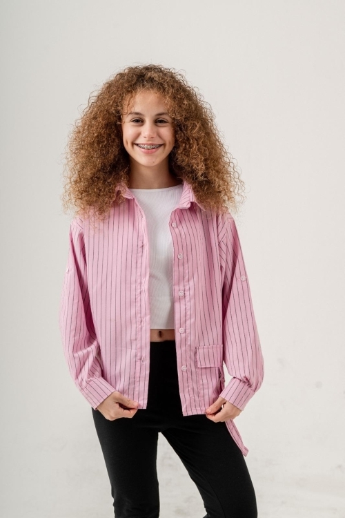 Kız Çocuk Çizgi Desenli Cep Kemerli Gömlek P1037