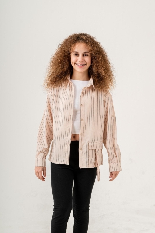 Kız Çocuk Çizgi Desenli Cep Kemerli Gömlek P1037