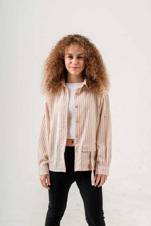 Kız Çocuk Çizgi Desenli Cep Kemerli Gömlek P1037