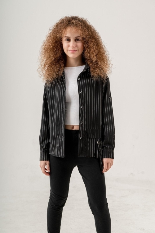 Kız Çocuk Çizgi Desenli Cep Kemerli Gömlek P1037