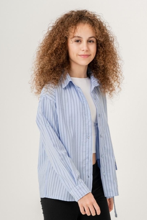 Kız Çocuk Çizgi Desenli Cep Kemerli Gömlek P1037