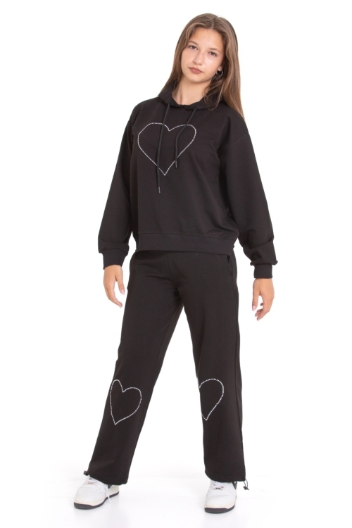 Kız Çocuk Eşofman Takımı Kapüşonlu-Kalp Baskılı- 2 İplik 1247.1