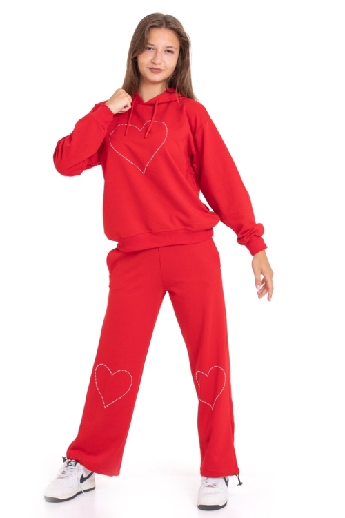 Kız Çocuk Eşofman Takımı Kapüşonlu-Kalp Baskılı- 2 İplik 1247.1