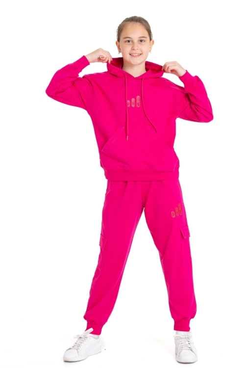 Kız Çocuk Eşofman Takımı Kargo Cepli Kapüşonlu 2 İplik 1221.1