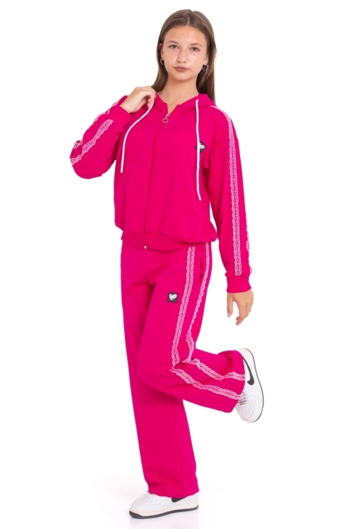 Kız Çocuk Eşofman Takımı Nakış Seritli Kapüşonlu Fermuarlı 2 İplik 12215.1