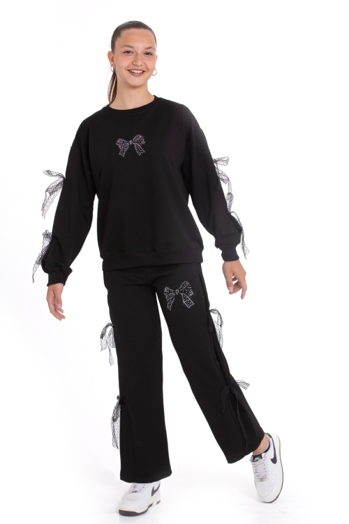 Kız Çocuk Eşofman Takımı Taş Baskılı Fiyonk ve Tül Detaylı- 2 İplik 12213.1