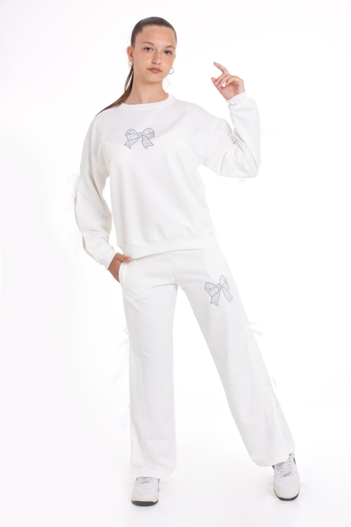 Kız Çocuk Eşofman Takımı Taş Baskılı Fiyonk ve Tül Detaylı- 2 İplik 12213.1