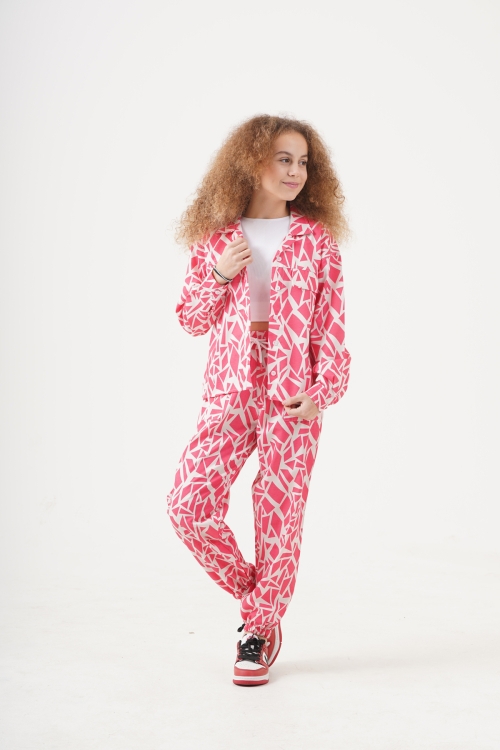 Kız Çocuk Rotasyon Desenli Alt-Üst Takım (Jogger Pantolon+Gömlek) P1019