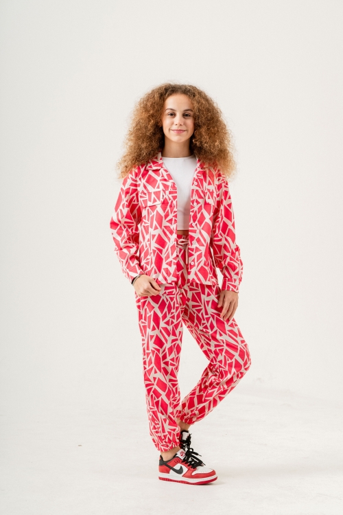 Kız Çocuk Rotasyon Desenli Alt-Üst Takım (Jogger Pantolon+Gömlek) P1019