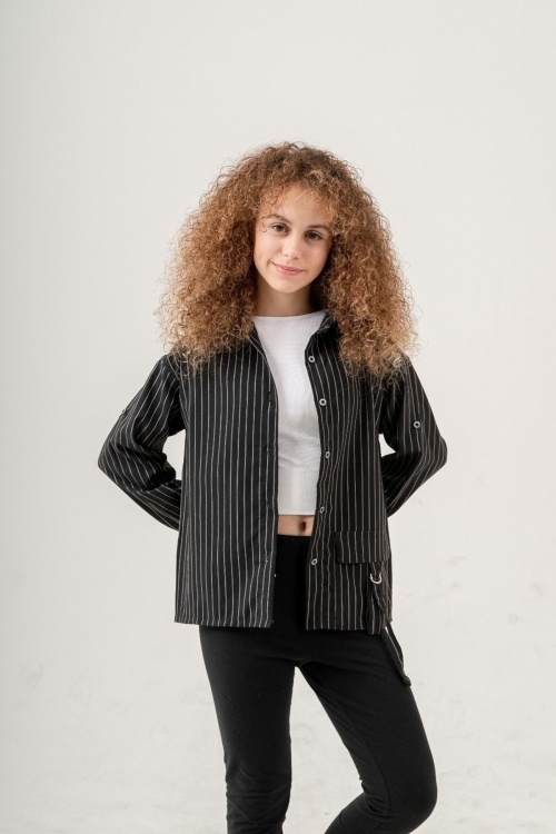 Kız Çocuk Çizgi Desenli Cep Kemerli Gömlek P1037